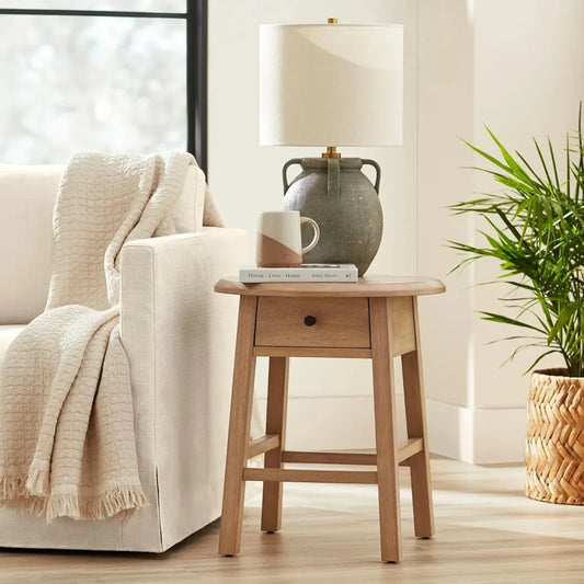 Rubberwood End Table With Drawer Round Accent For Living Room