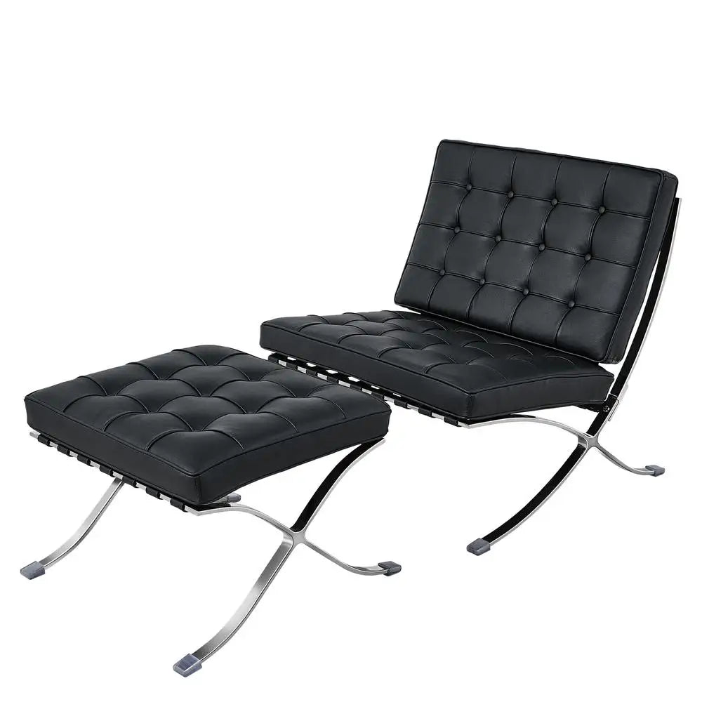 Mid Century Foldable Leather Lounge Chair With Foot Rest