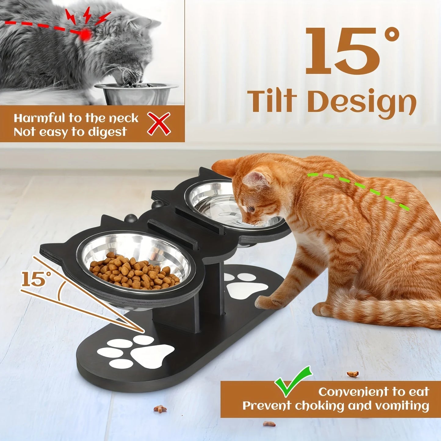 Elevated Cat Bowls Tilted Raised Stand With Stainless Bowls