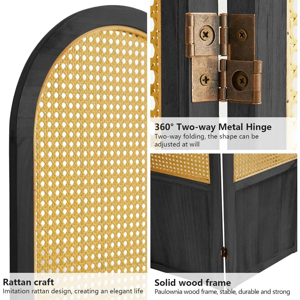 Room Divider 4 Panels Folding Privacy Screen Wood Rattan Portable Partition