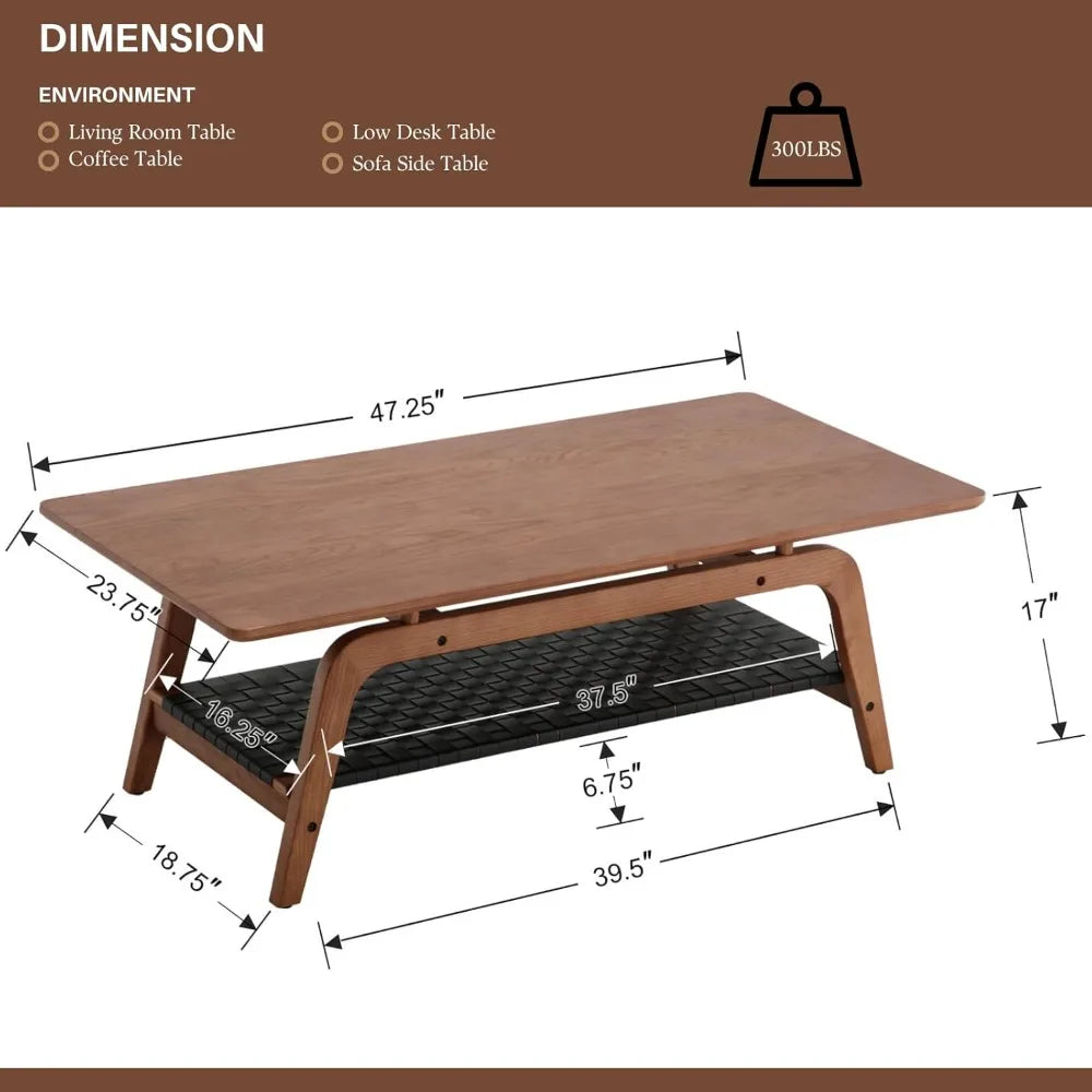Solid Wood Coffee Table With Tier Storage Mid Century Modern