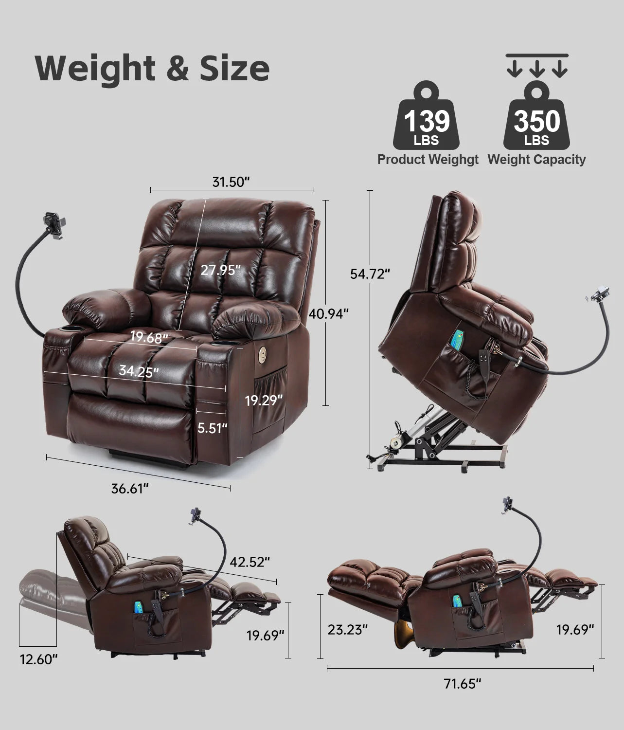 Leather Heated Lift Recliner With Dual Motor Massage Wireless Charging