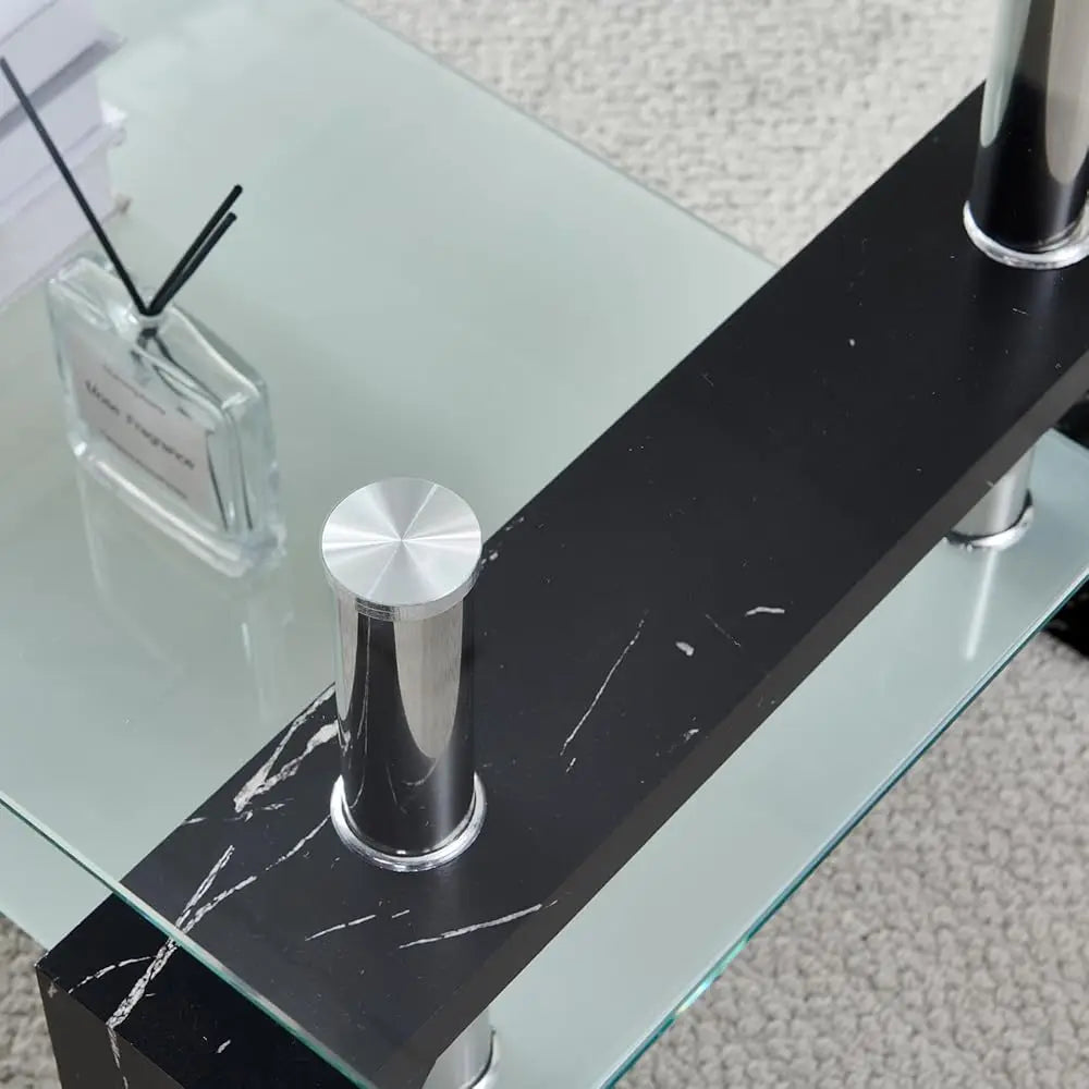 Modern Glass Top Coffee Table With Wooden Legs And Shelf