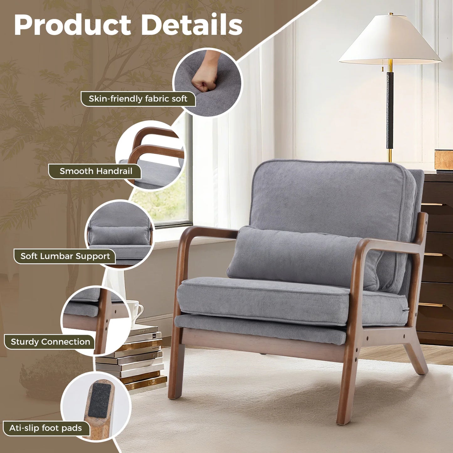 JHK Mid Century Modern Armchair With Solid Wood Frame
