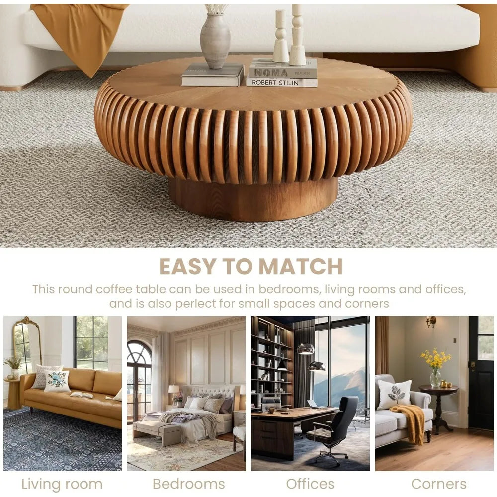 Fluted Drum Coffee Table With Sturdy Pedestal For Living Room