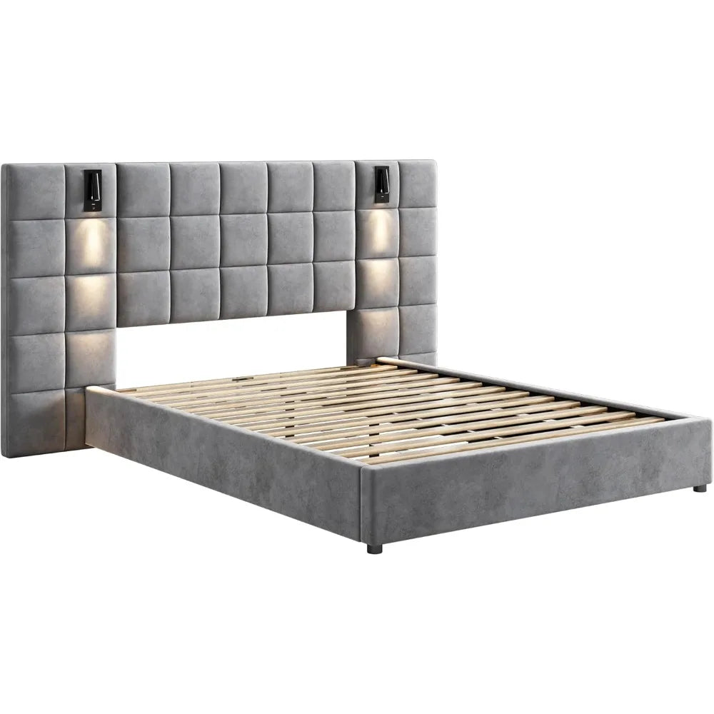 Queen Platform Bed With Adjustable Reading Lamp USB Port Headboard