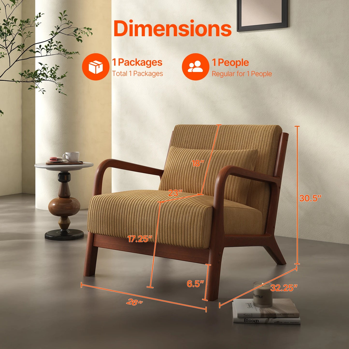 Bedro Mid Century Modern Accent Chair With Solid Wood Frame