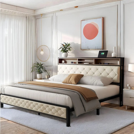 DWVO Upholstered Bed Frame With USB Charging Station Storage Headboard And Metal Slats