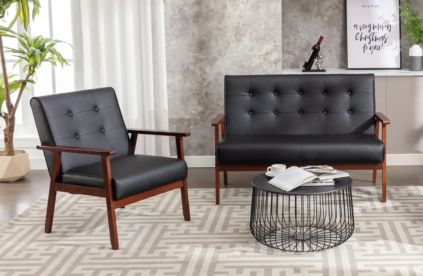 Century 1 8428 Modern Wood Arm Sofa Set With Loveseat