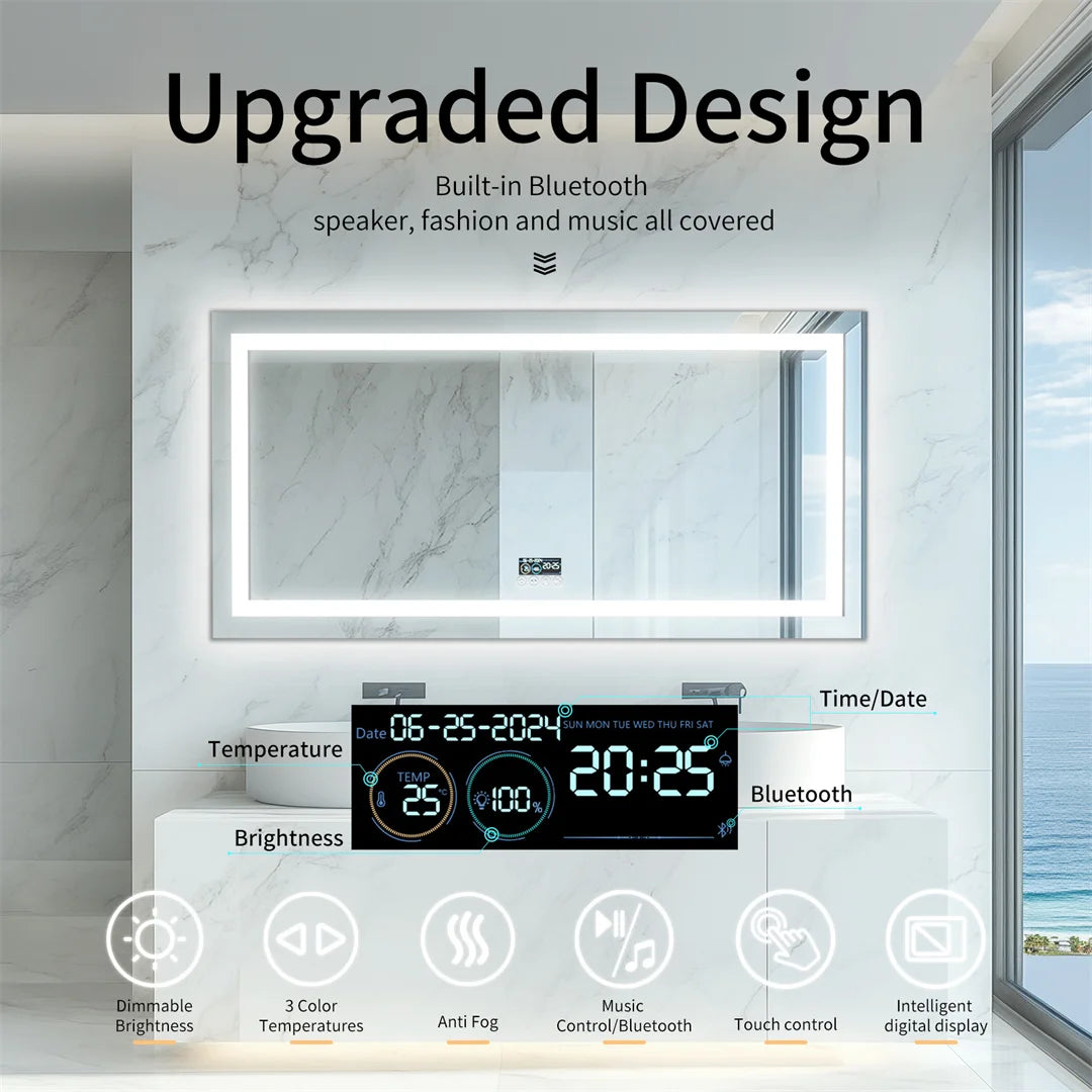 LUVODI Bluetooth Bathroom Mirror With Time Display LED Lighting Defog Feature Built In