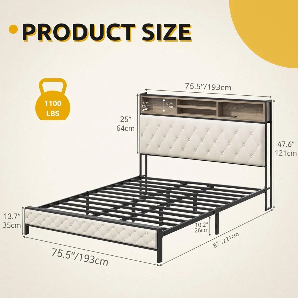 DWVO Upholstered Bed Frame With USB Charging Station Storage Headboard And Metal Slats
