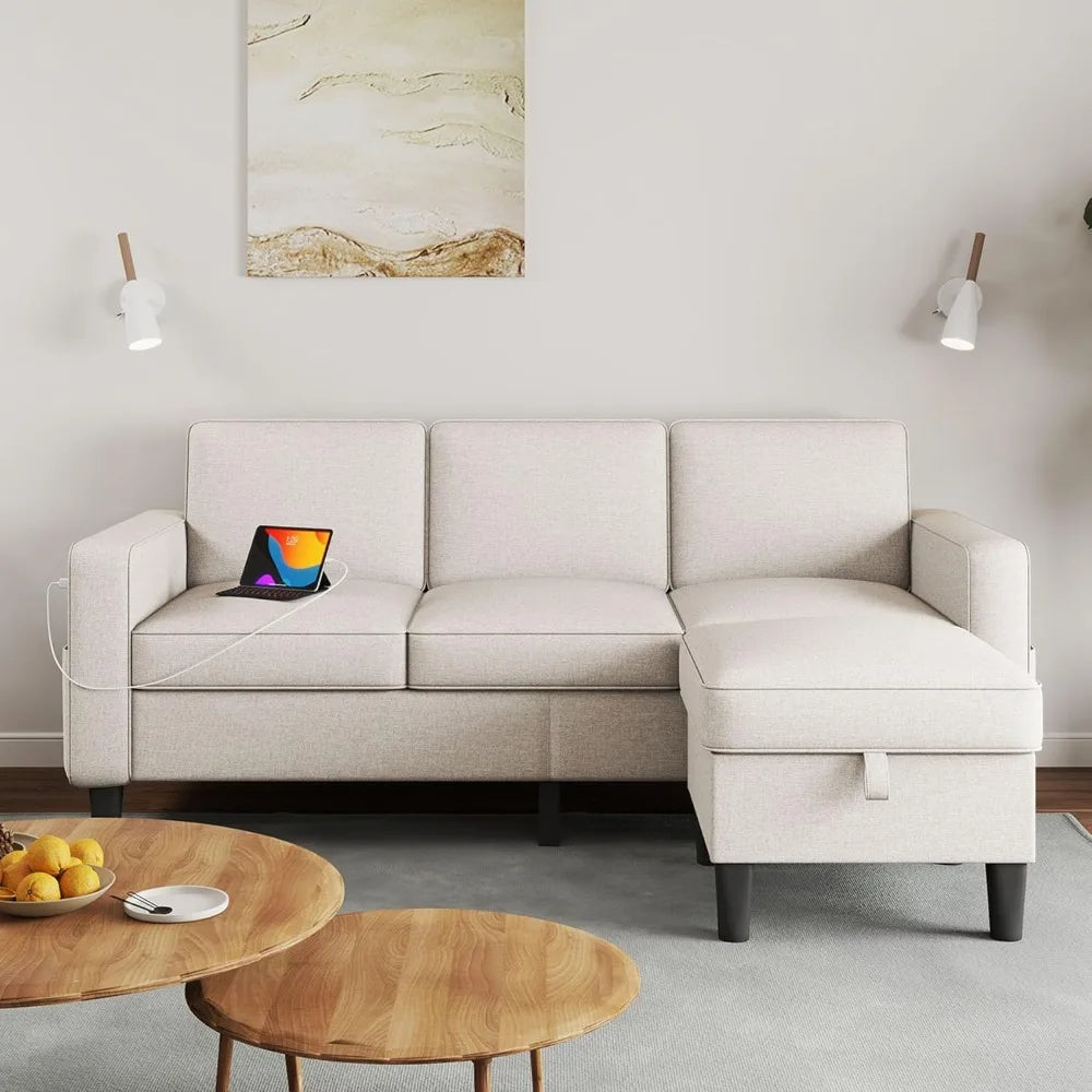 Modern L Shaped Sofa With Storage Ottoman Convertible