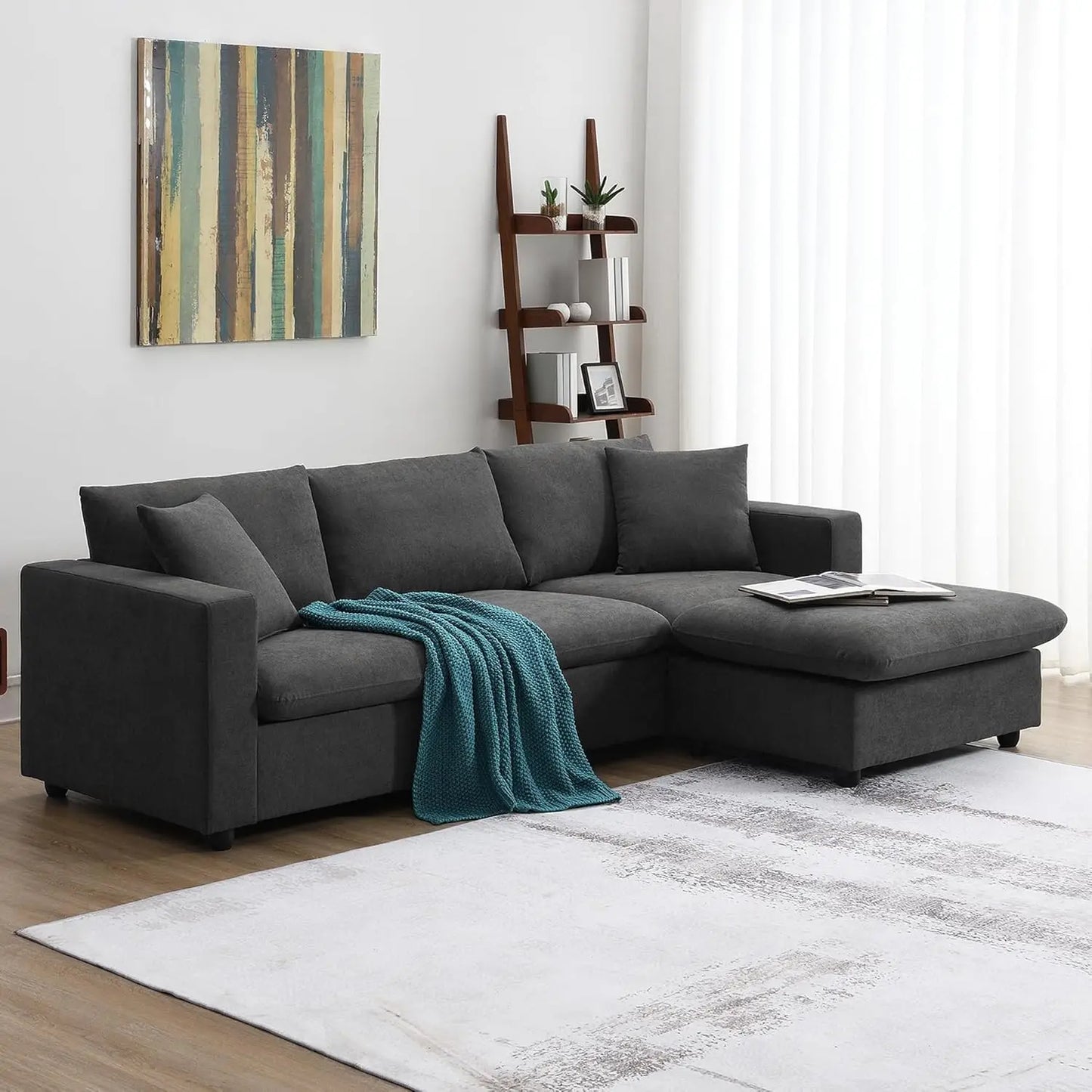 Cloud Couch L Shaped Sectional With Convertible Ottoman And Pillows