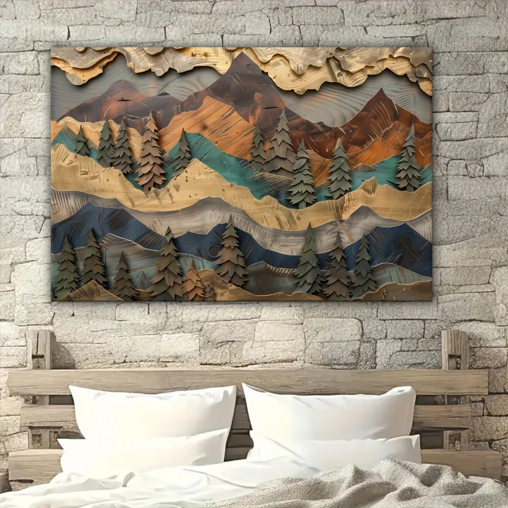 Mountain And Pine Forest Wall Art With Chunky Pine Frame
