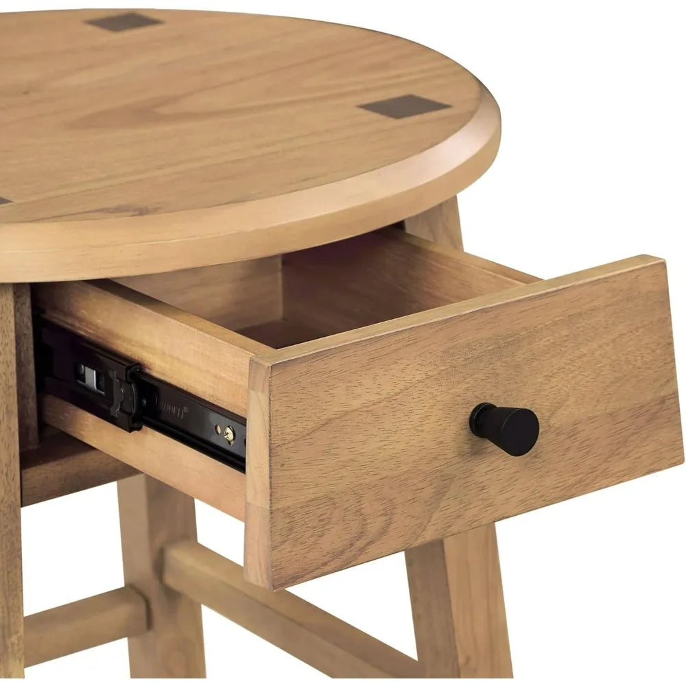 Rubberwood End Table With Drawer Round Accent For Living Room