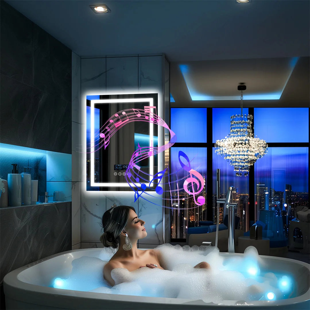 LUVODI Bluetooth Bathroom Mirror With Time Display LED Lighting Defog Feature Built In