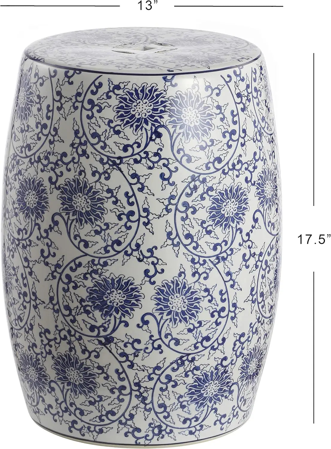 Lotus Blossom Chinoiserie Ceramic Drum Garden Stool Indoor Outdoor Bohemian Coastal Classic Cottage Style