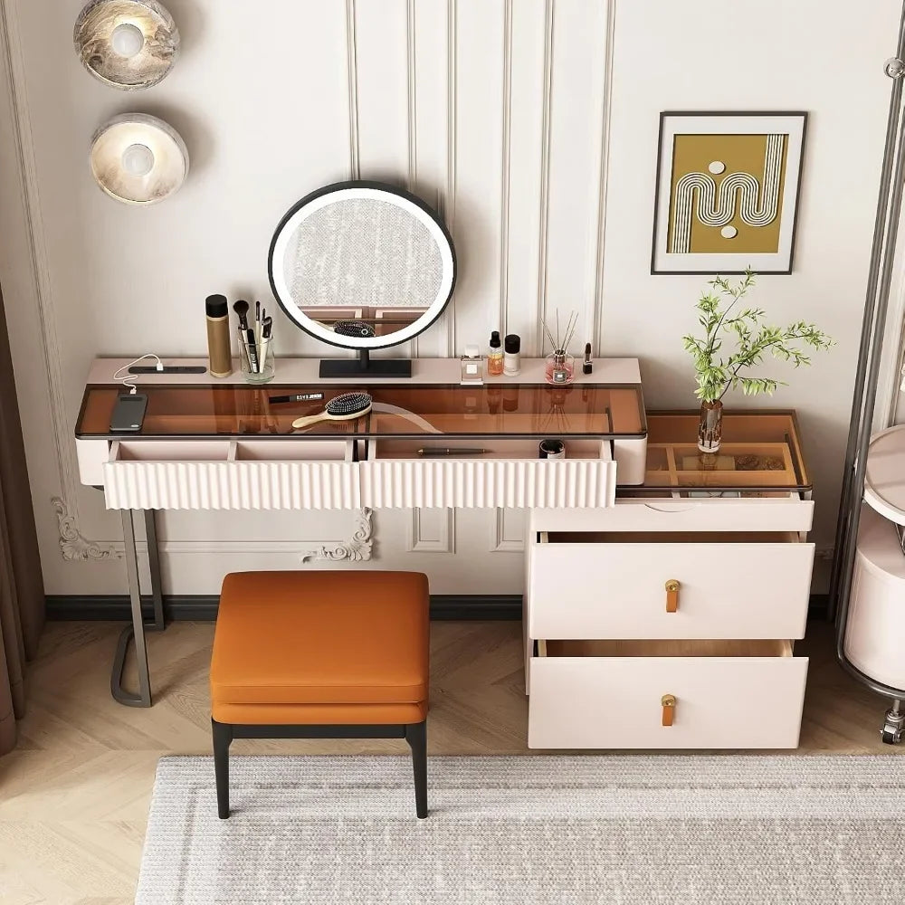 Makeup Vanity With LED Lighted Mirror And Extendable Dresser