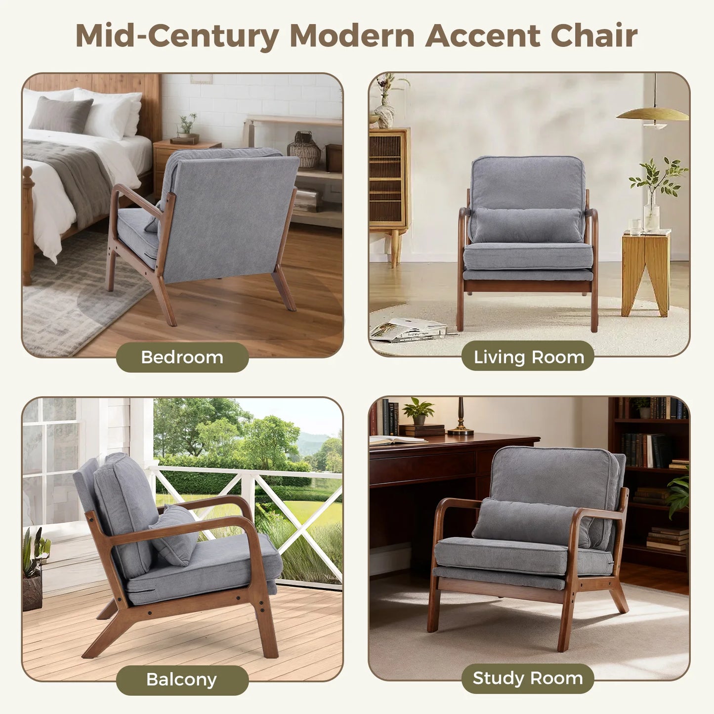 JHK Mid Century Modern Armchair With Solid Wood Frame