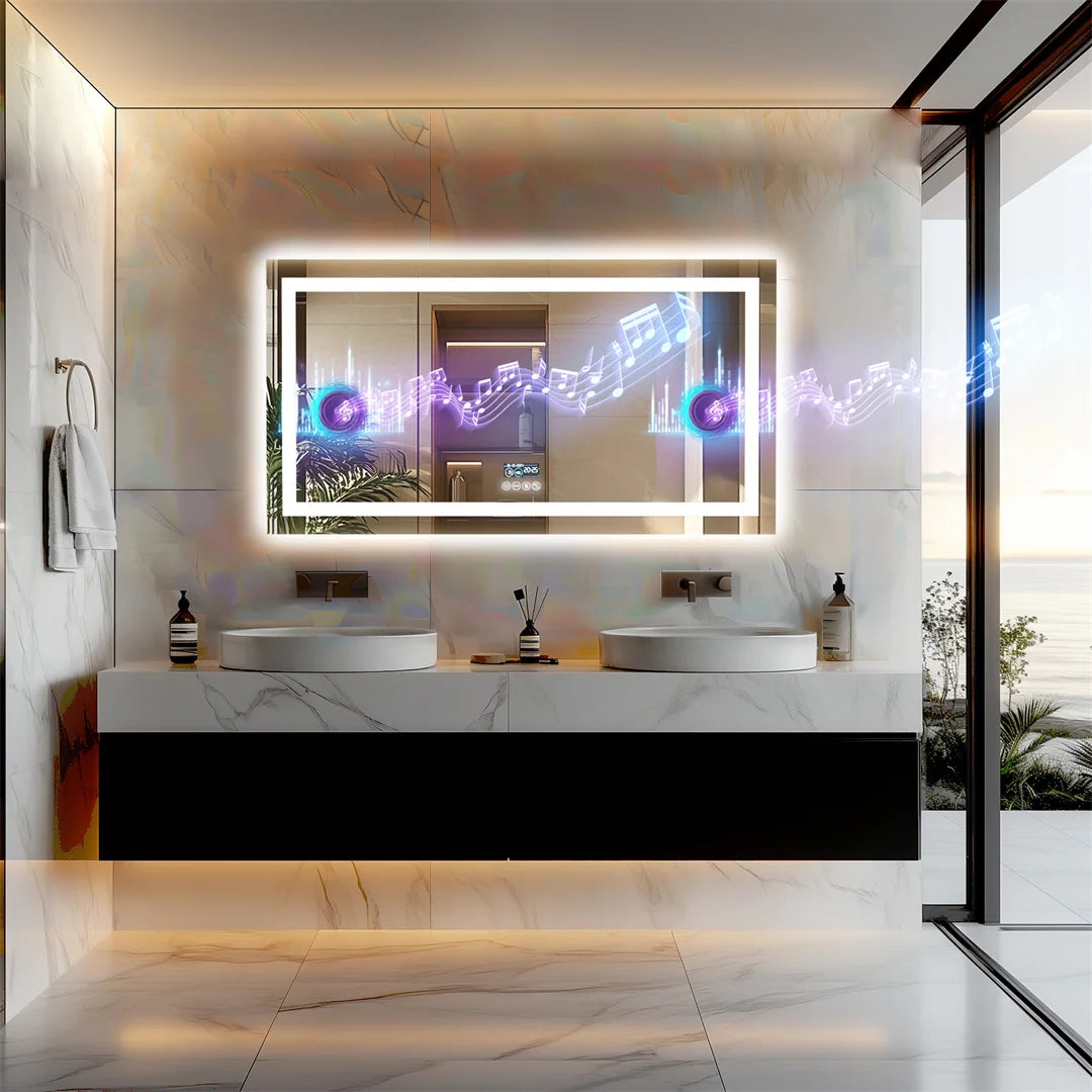 LUVODI Bluetooth Bathroom Mirror With Time Display LED Lighting Defog Feature Built In