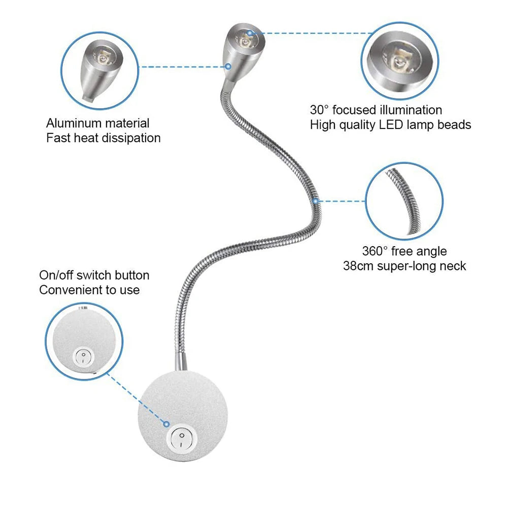 Flexible Wall Mount Night Lamp Gooseneck LED Reading Light
