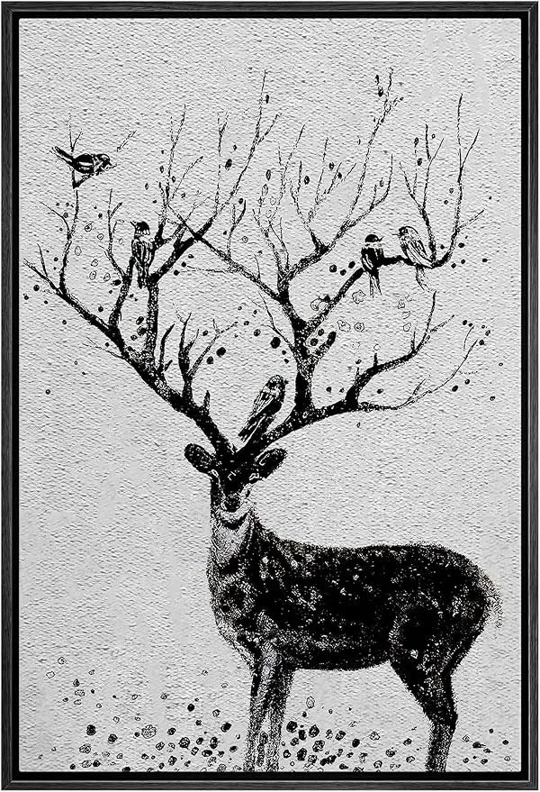 Framed Deer Canvas Wall Art With Birds On Antlers Wildlife
