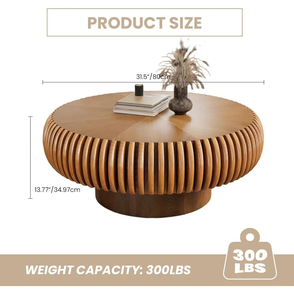 Fluted Drum Coffee Table With Sturdy Pedestal For Living Room