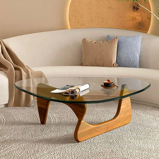 Triangle Glass Coffee Table Wooden Base Modern Abstract