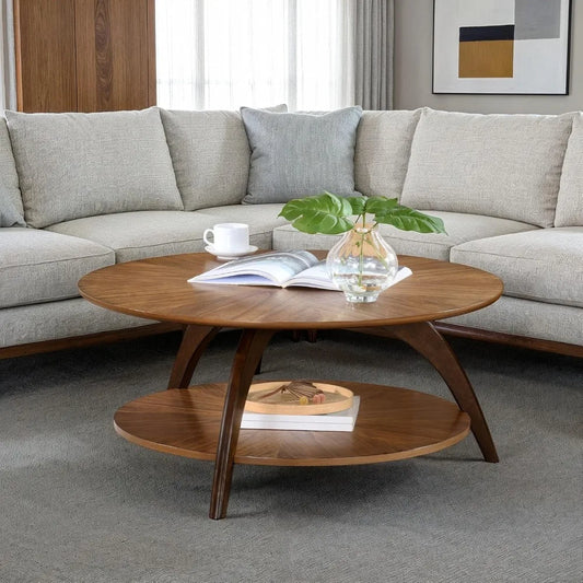 Mid Century Modern Round Wood Coffee Table With Lower Shelf For Living Room Or Den