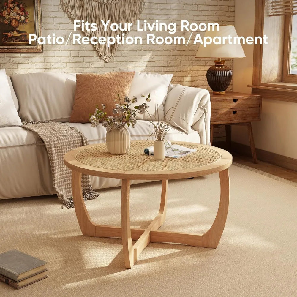 Round Wood Coffee Table With Handmade Rattan Top And Legs