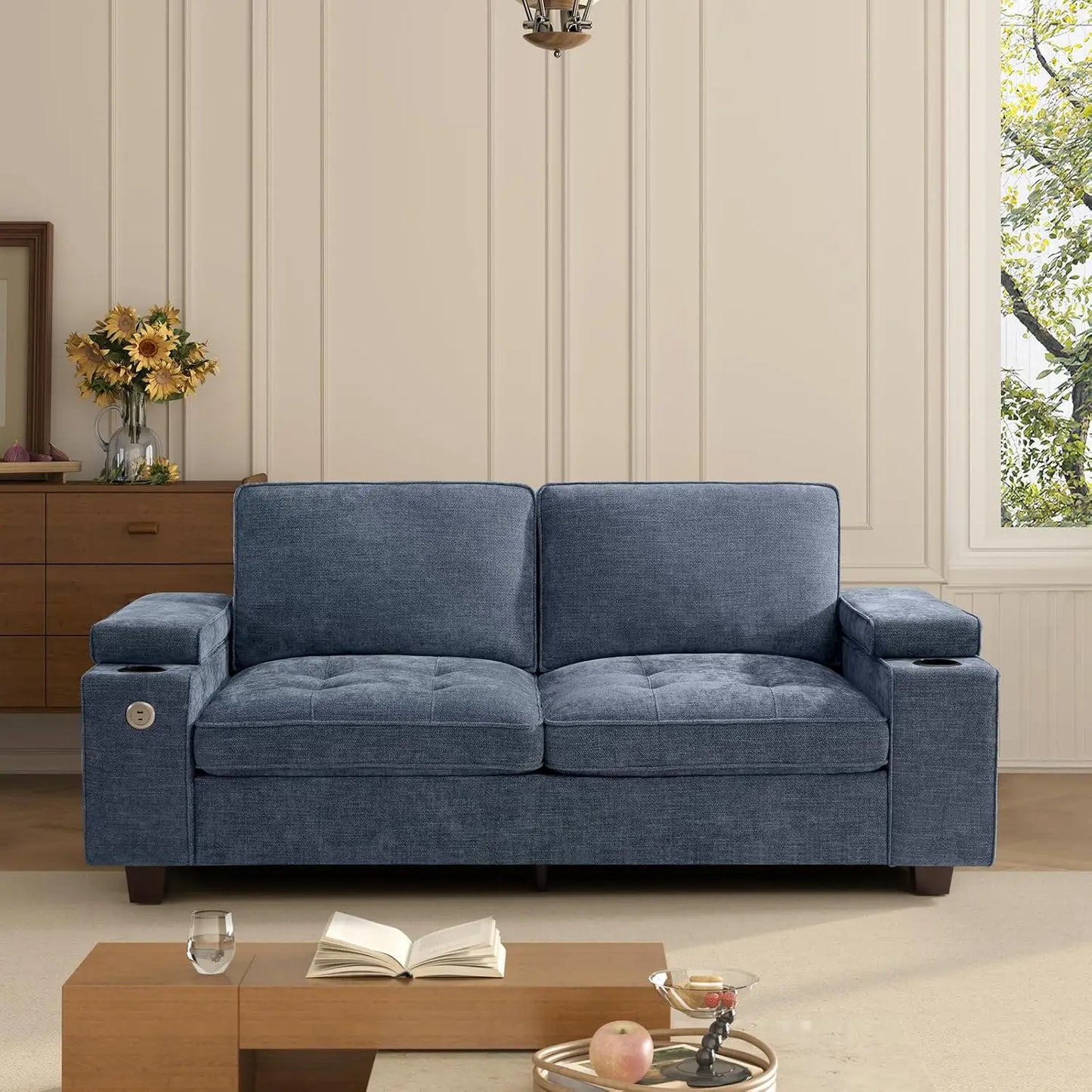 Modern Chenille Upholstered Loveseat With Adjustable Arms