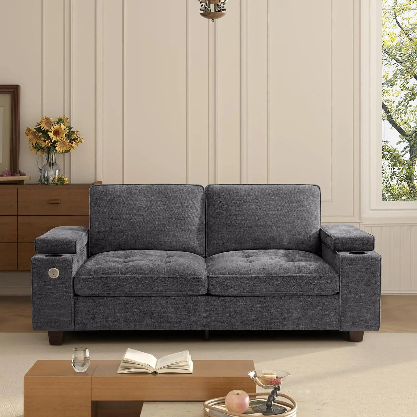 Modern Chenille Upholstered Loveseat With Adjustable Arms