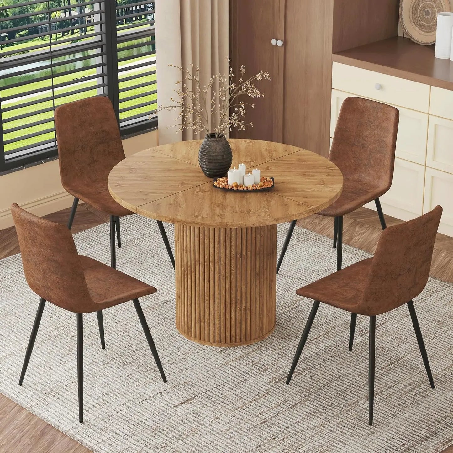 Round Dining Table Set With Suede Leather Chairs Modern Farmhouse