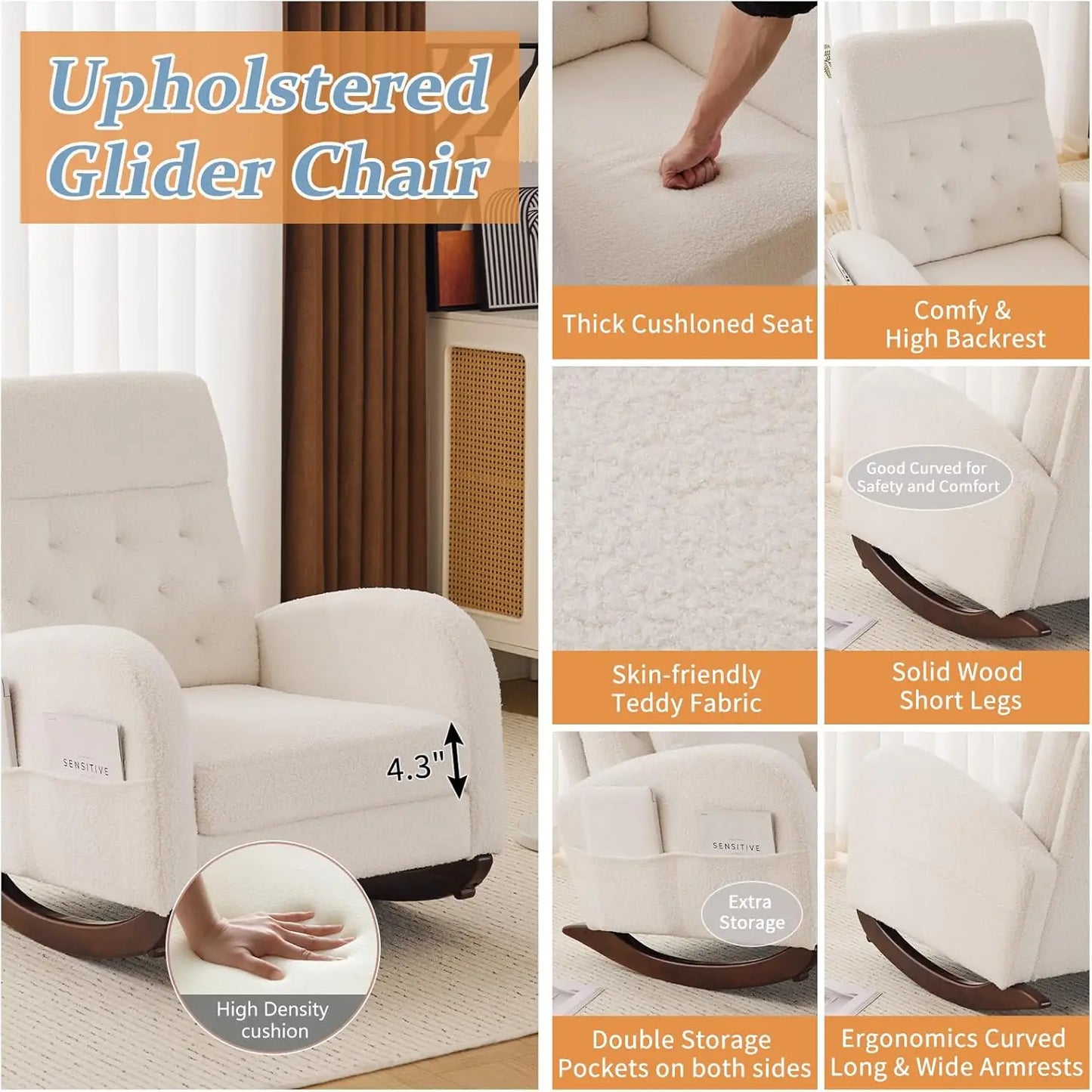 Teddy Fleece Nursery Glider Chair With Boucle Upholstery Side Pockets