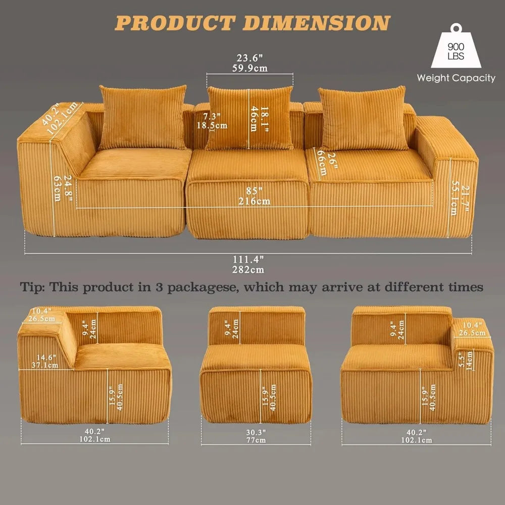 110 Inch Corduroy Compressed Modular Sectional Sofa, 3-Seat Cloud Memory Foam Boneless Couch with Deep Seat, Modern Upholstered