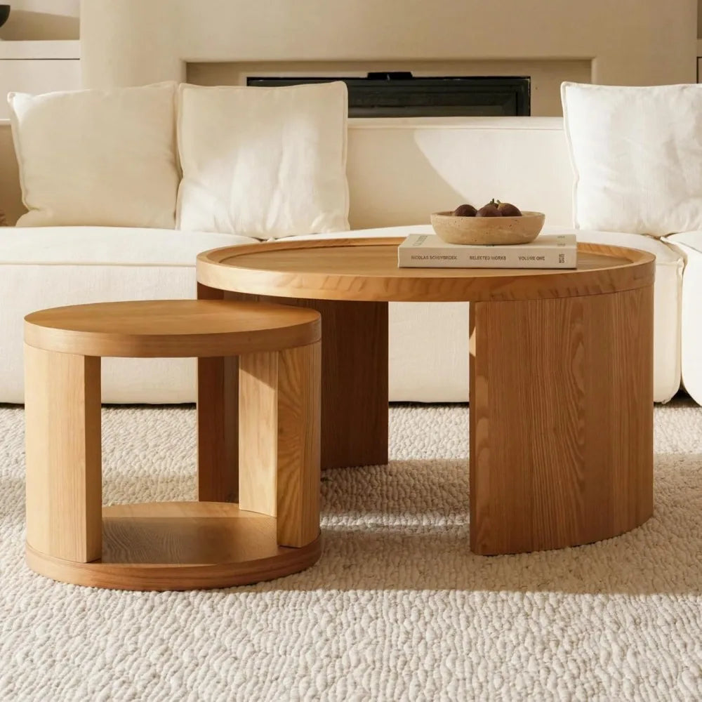 Round Nesting Coffee Tables Wood Look Finish Space Saving