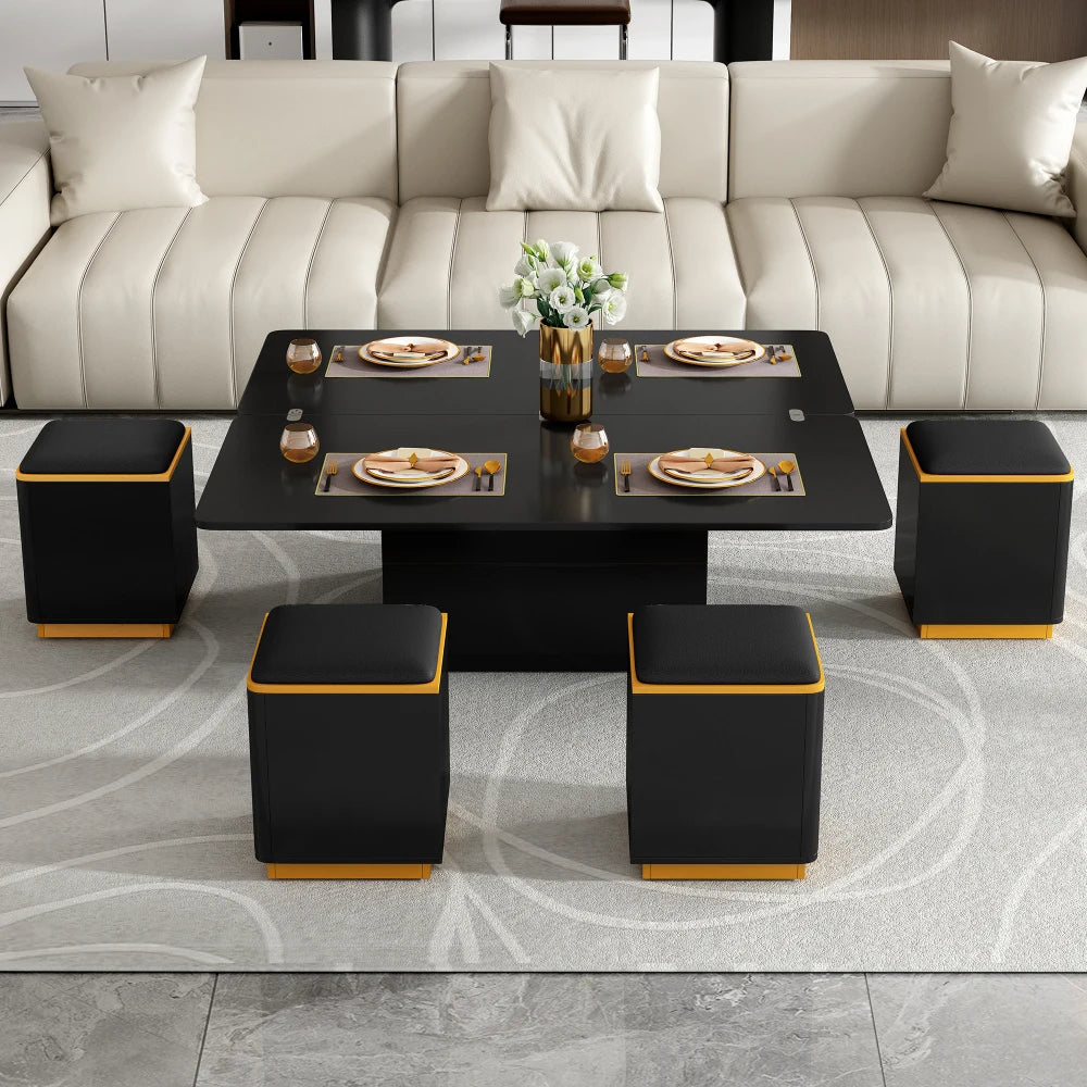 U-Can Lift Top Coffee Table With Four Storage Stools Foldable
