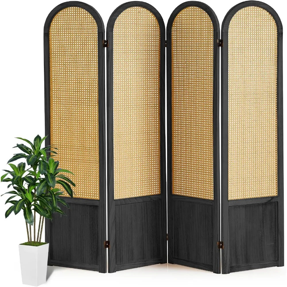 Room Divider 4 Panels Folding Privacy Screen Wood Rattan Portable Partition