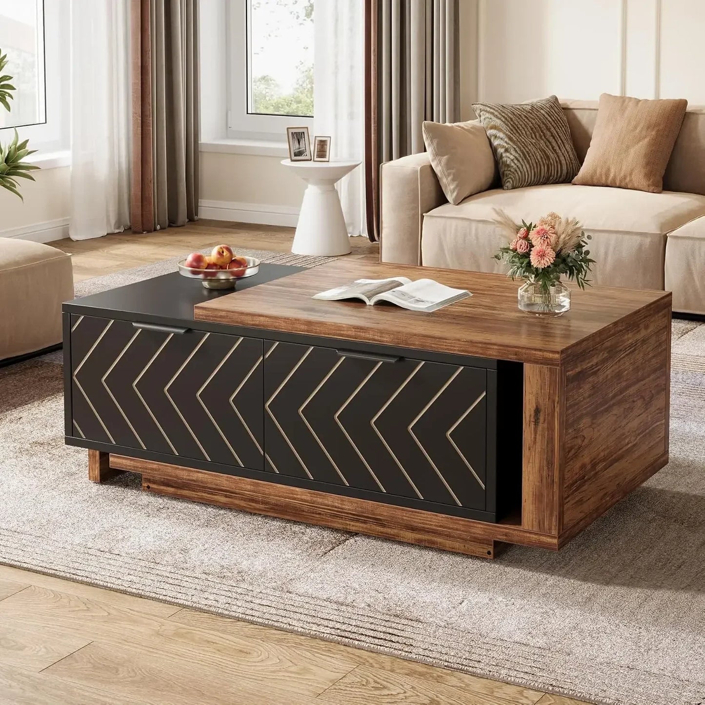 Expandable Walnut Oak Veneer Coffee Table Dual Tone Design