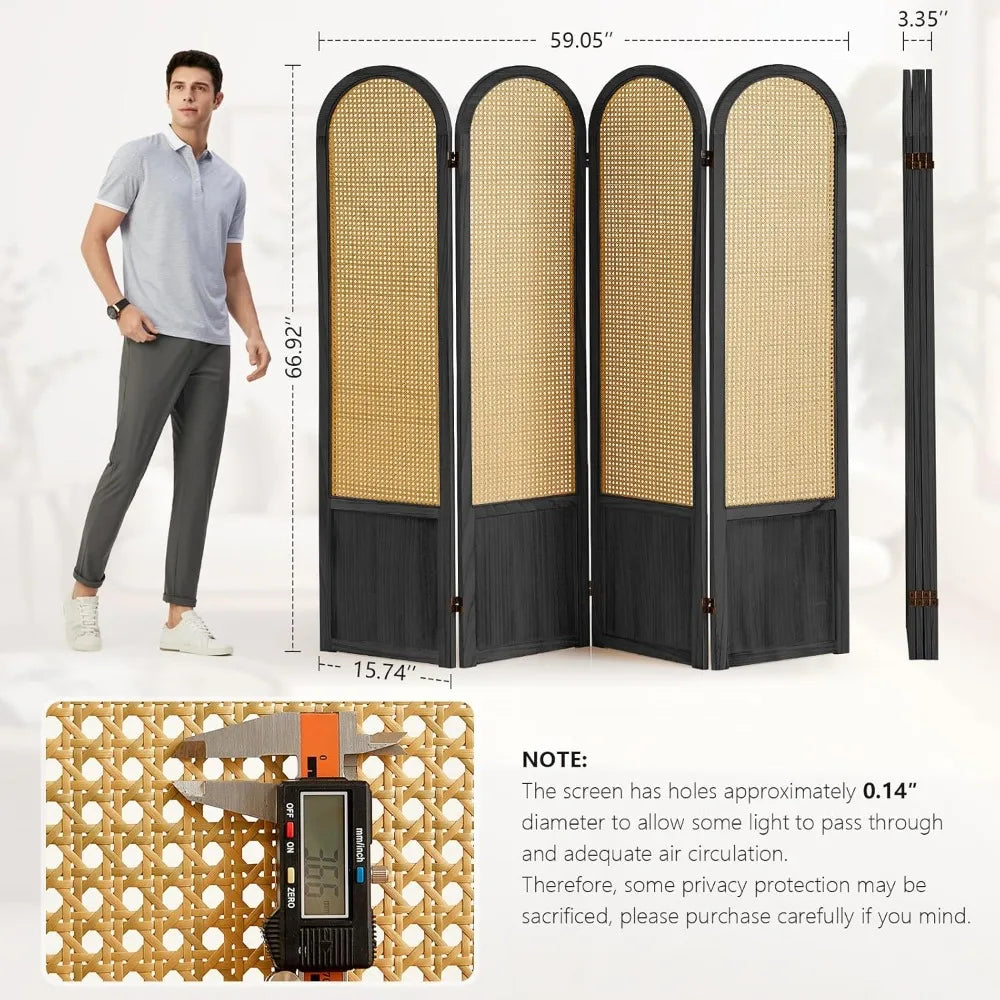 Room Divider 4 Panels Folding Privacy Screen Wood Rattan Portable Partition