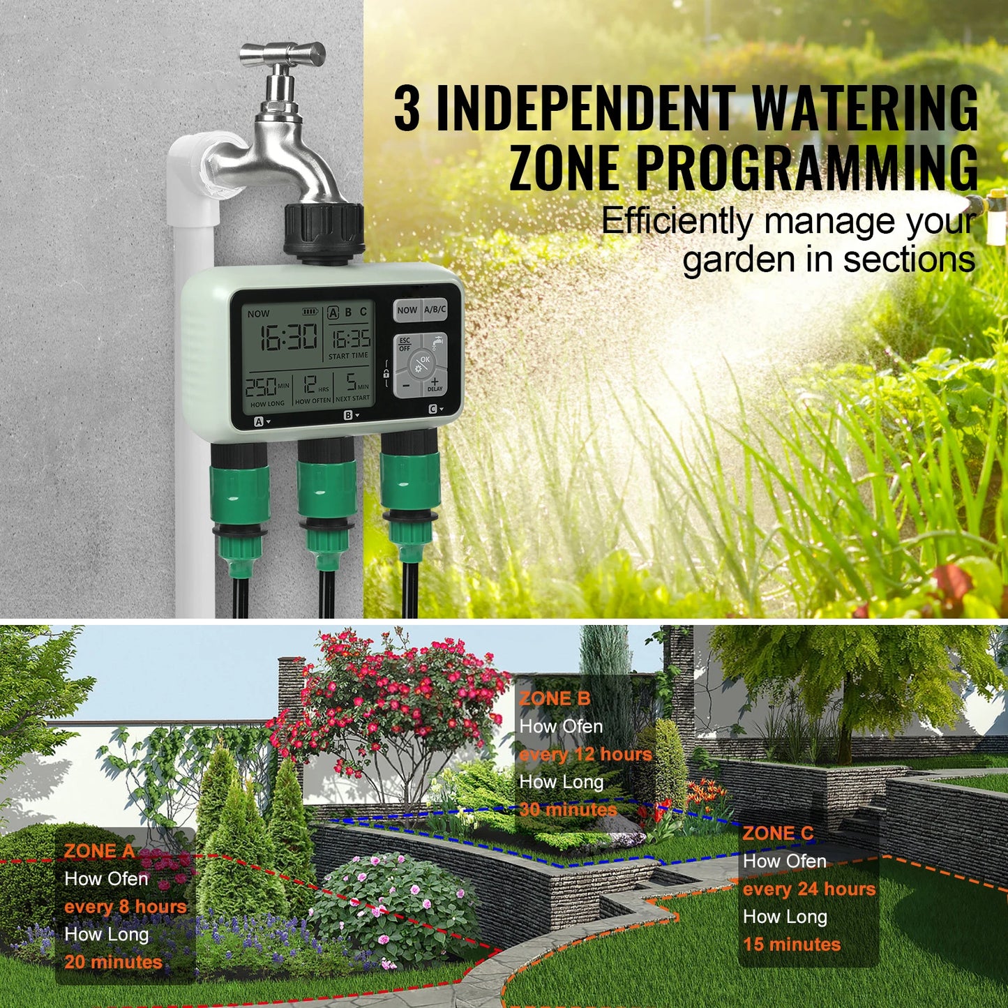 SucceBuy Water Timer 3 Zone Hose Irrigation Controller LCD