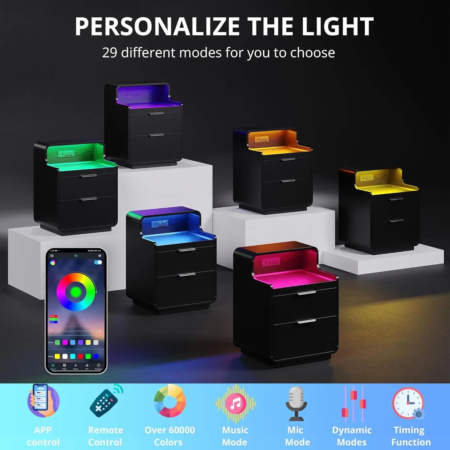 LIKIMIO Nightstand With Charging Station And LED Lights