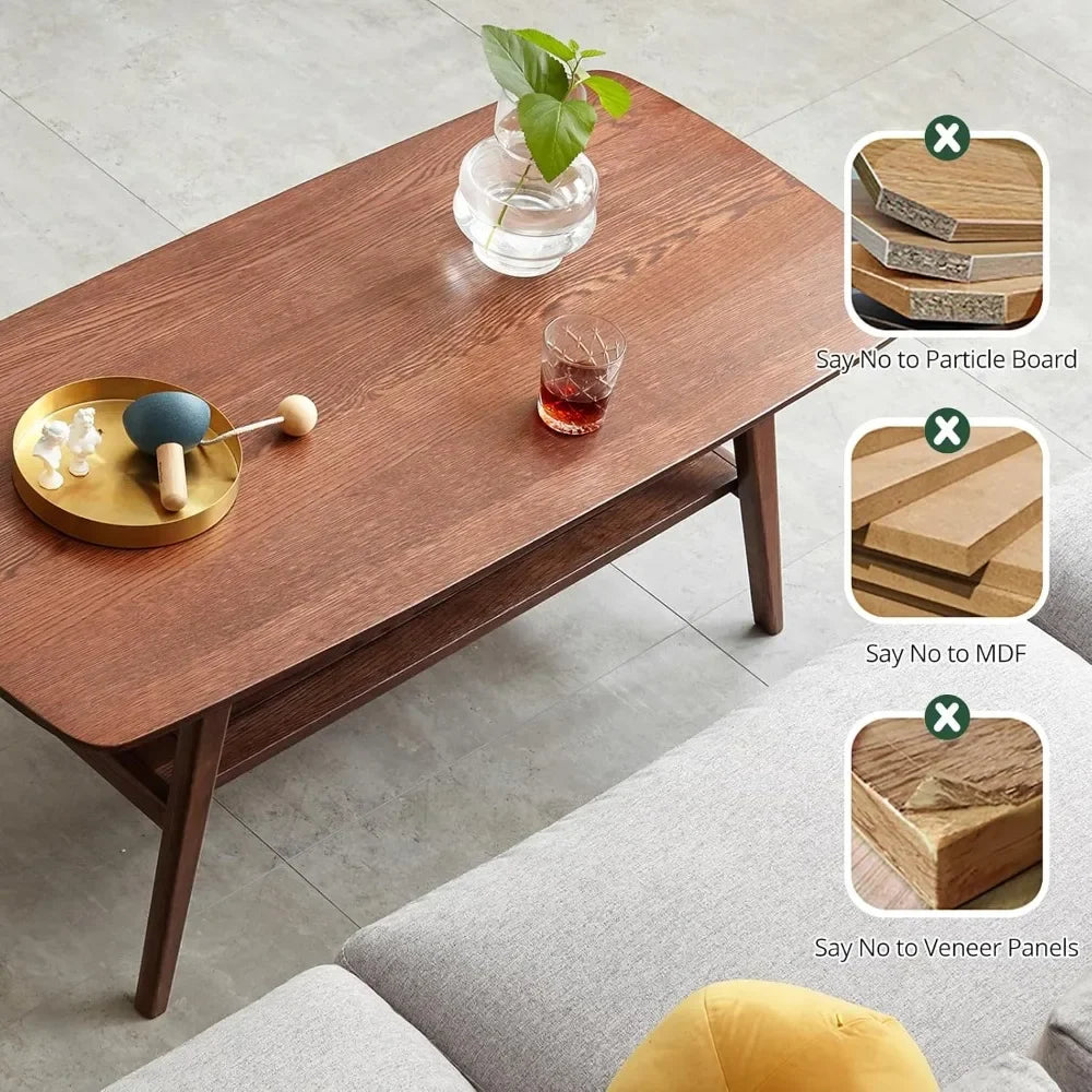 Two Tier Solid Oak Wood Coffee Table With Double Storage