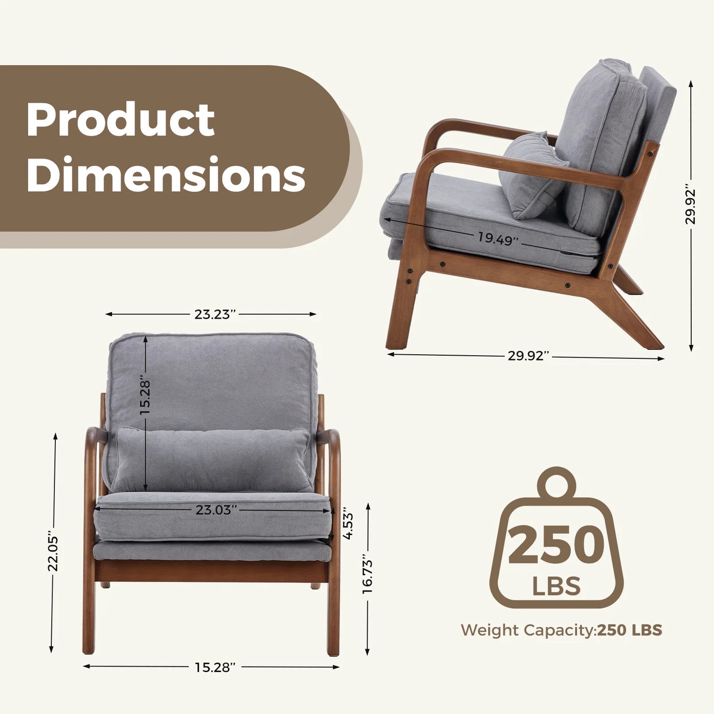 JHK Mid Century Modern Armchair With Solid Wood Frame