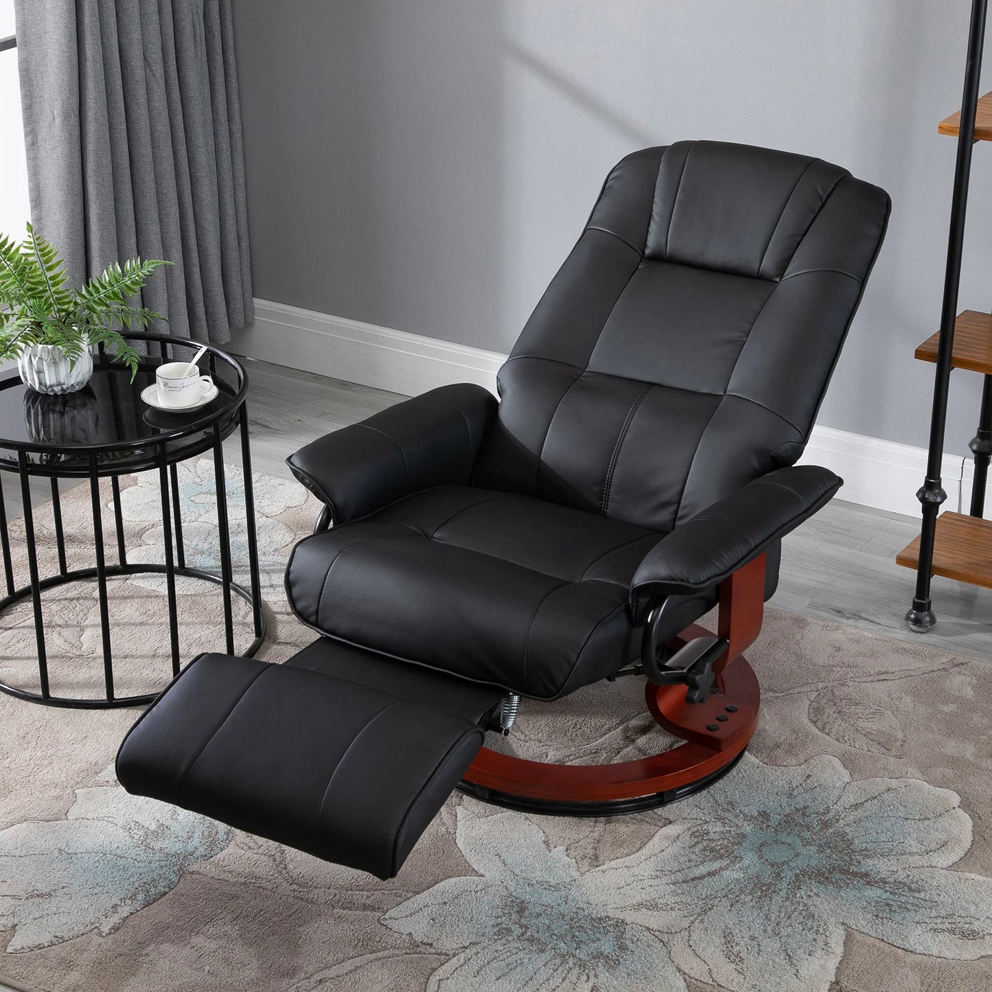 Faux Leather Swivel Reclining Lounge Chair With Wooden Base