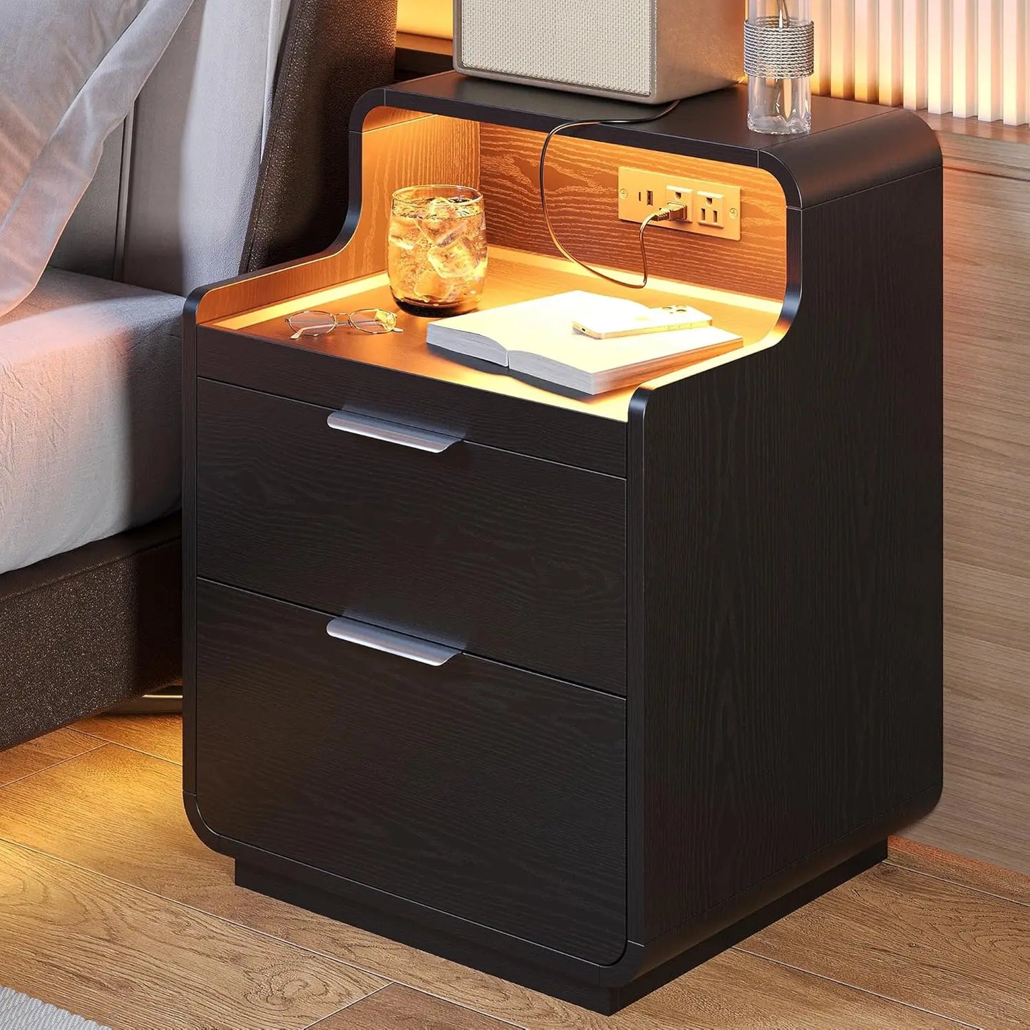 LIKIMIO Nightstand With Charging Station And LED Lights
