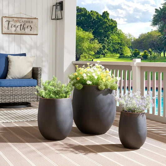 Dia Round Concrete Planter Set Of 3 Outdoor Flower Pots With Drainage Holes For Garden Decor