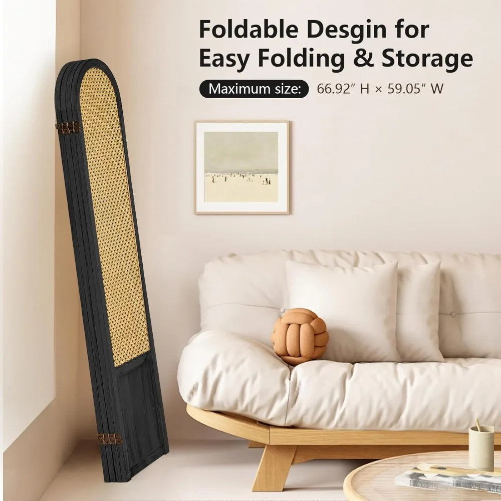 Room Divider 4 Panels Folding Privacy Screen Wood Rattan Portable Partition