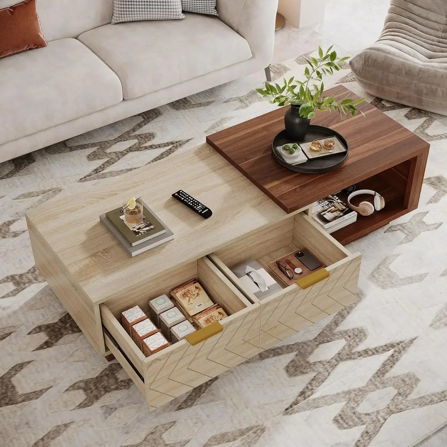 Expandable Walnut Oak Veneer Coffee Table Dual Tone Design