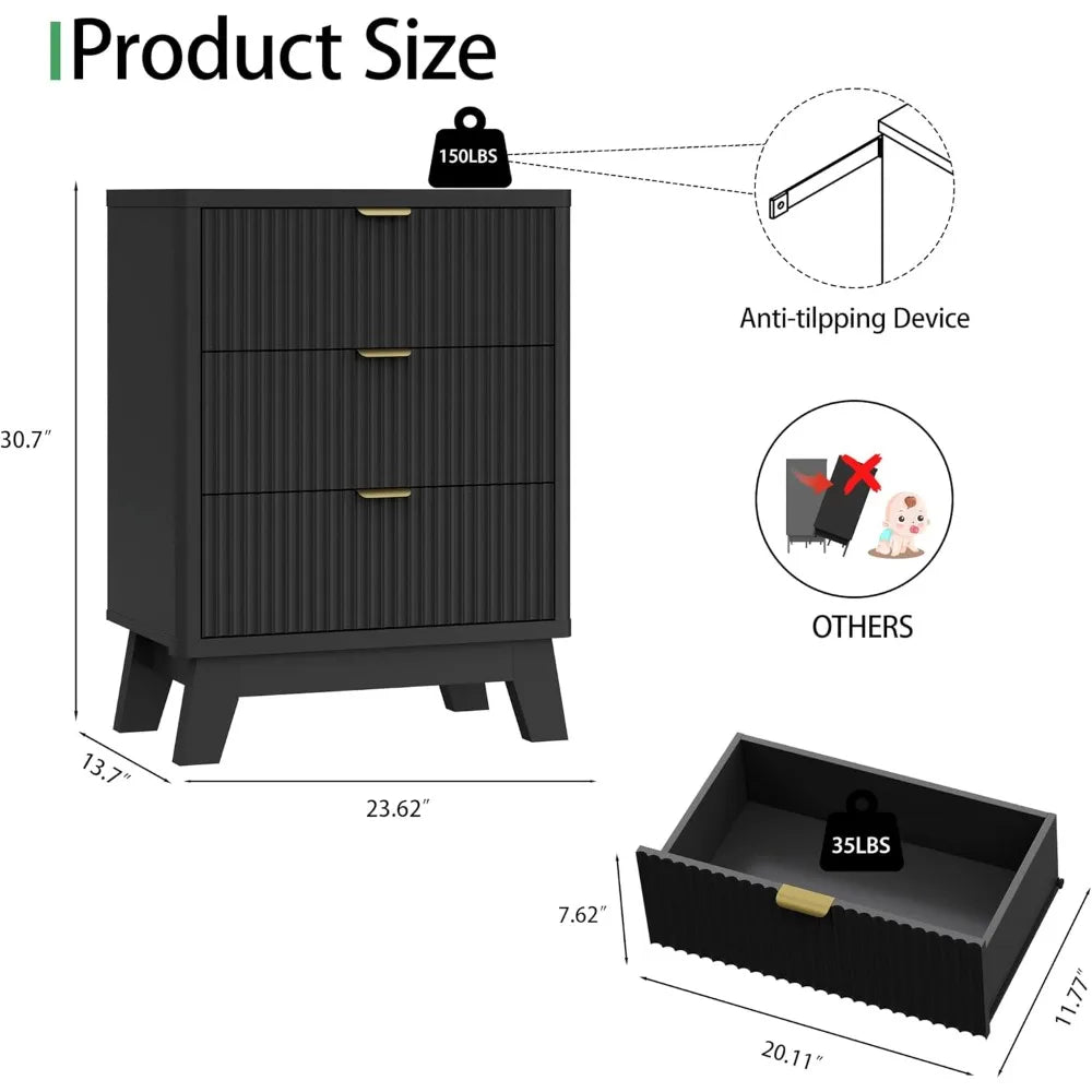 Fluted Nightstand With 3 Drawers Wood Bedside Table